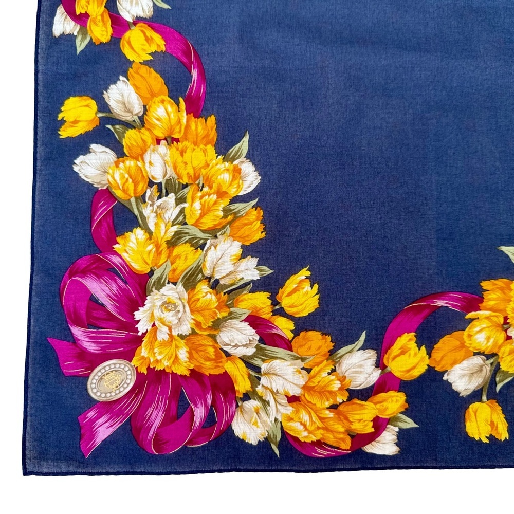 Dior Navy Silk Scarf Yellow Tulip Magenta Ribbon - Picture 4 of 6